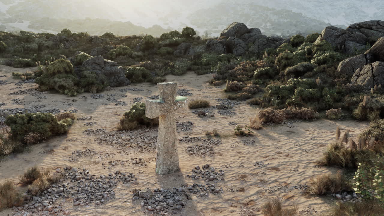 cruz de piedra en un paisaje desértico