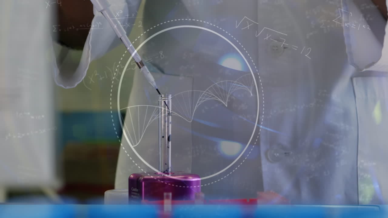 실험실에서 두 인종의 여성 과학자에 대한 dna 가닥과 수학적 방정식의 애니메이션