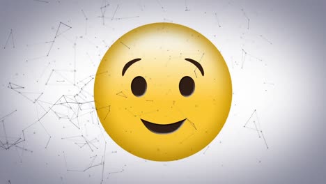 animación digital de una red de conexiones contra un emoji de cara parpadeante sobre un fondo gris