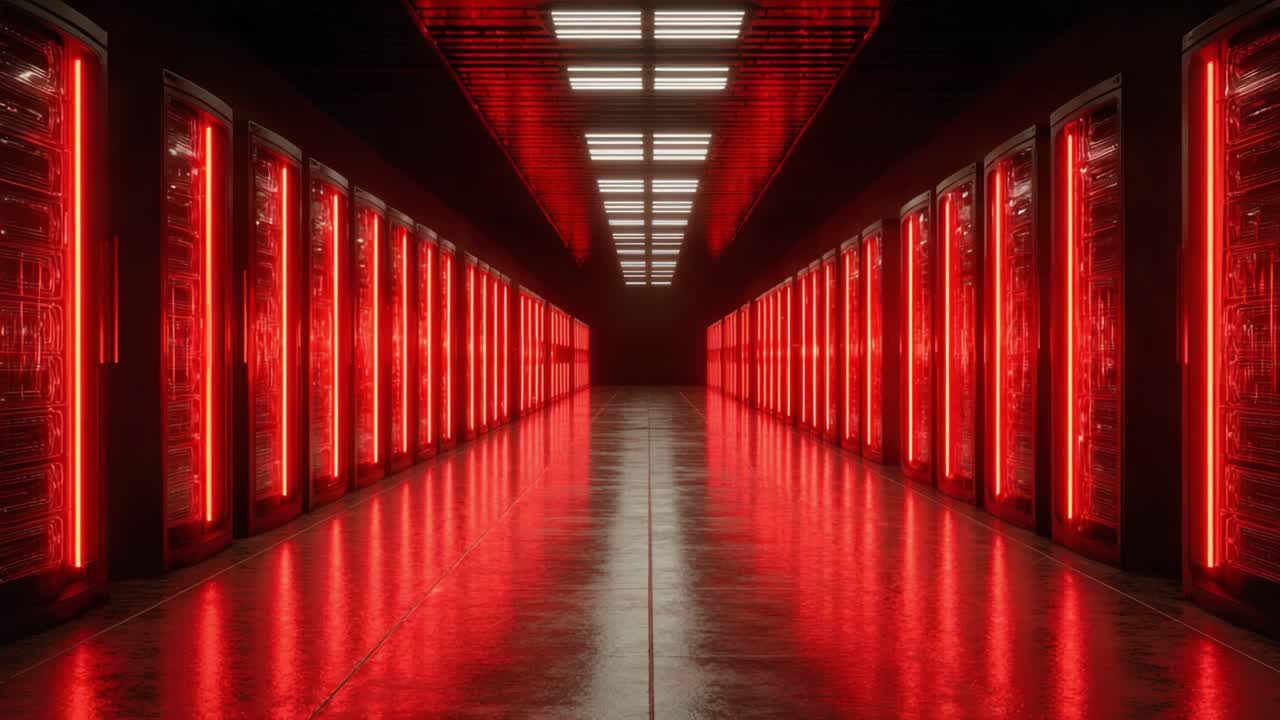 A Visually Striking Corridor of Illuminated Data Servers in a Futuristic Setting with Glowing Red Lights and Polished Flooring