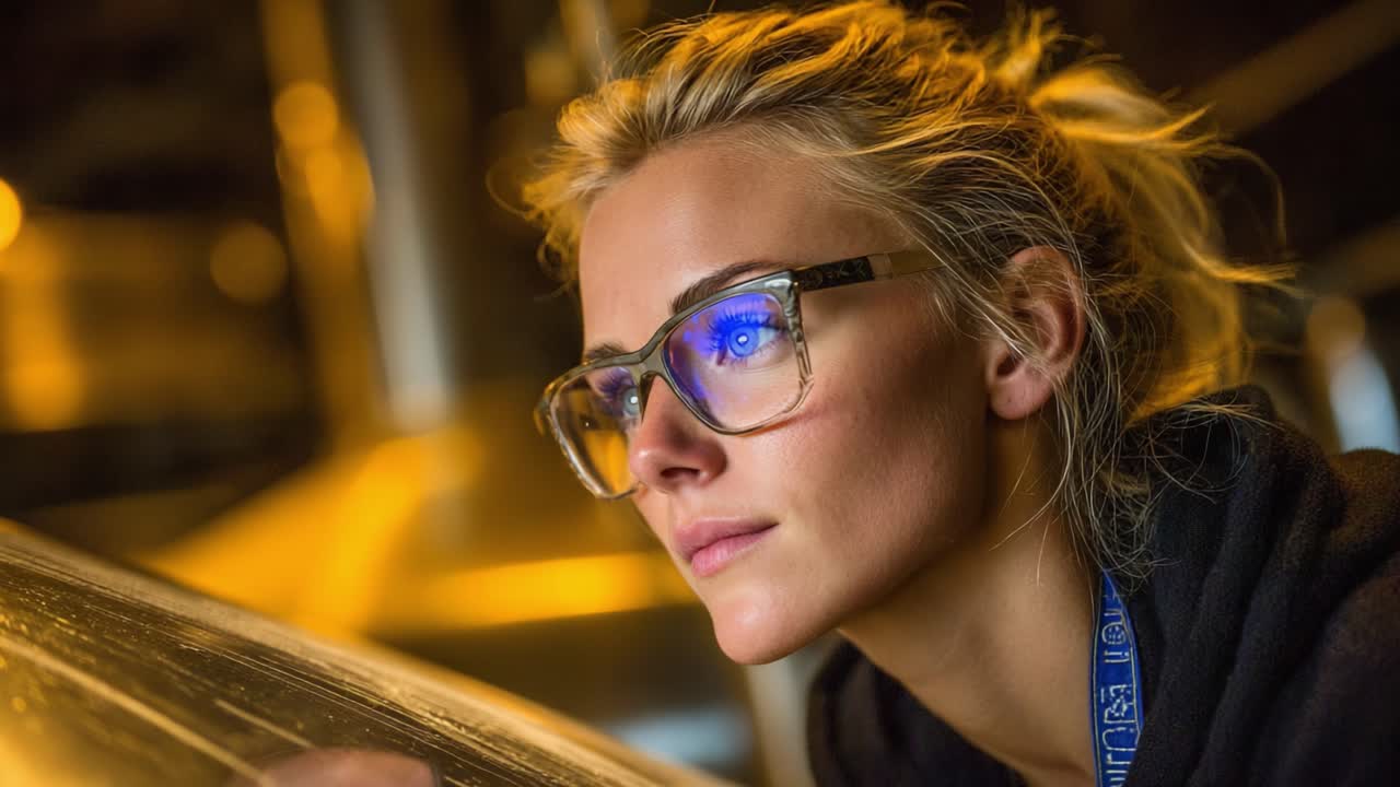 Focused Young Woman with Glasses Observing Brew Process in a Warmly Lit Environment, Capturing the Intricacies of Brewing Technology and Passion for Craftsmanship