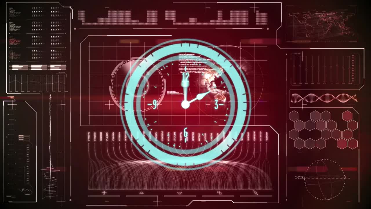 Animation of clock moving over diverse data on red digital screen
