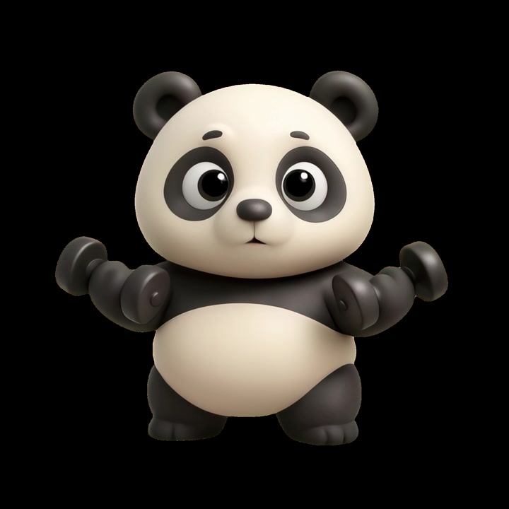 Simpatico personaggio panda animato in 3D che si allena con i manubri