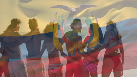 animation of flag of ecuador waving over diverse friends forming human chain at beach