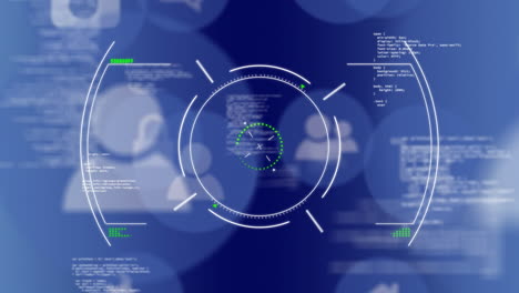 Central circular HUD reticle rotating on blue gradient, revealing floating panels, streaming code