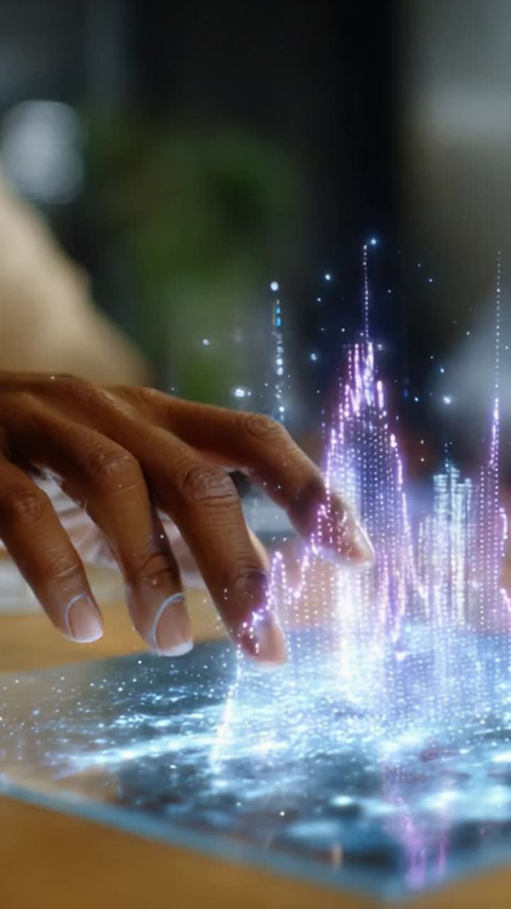 Uma interface futurista exibe visualizações dinâmicas de dados enquanto uma mão interage com uma tela touchscreen holográfica em um ambiente moderno