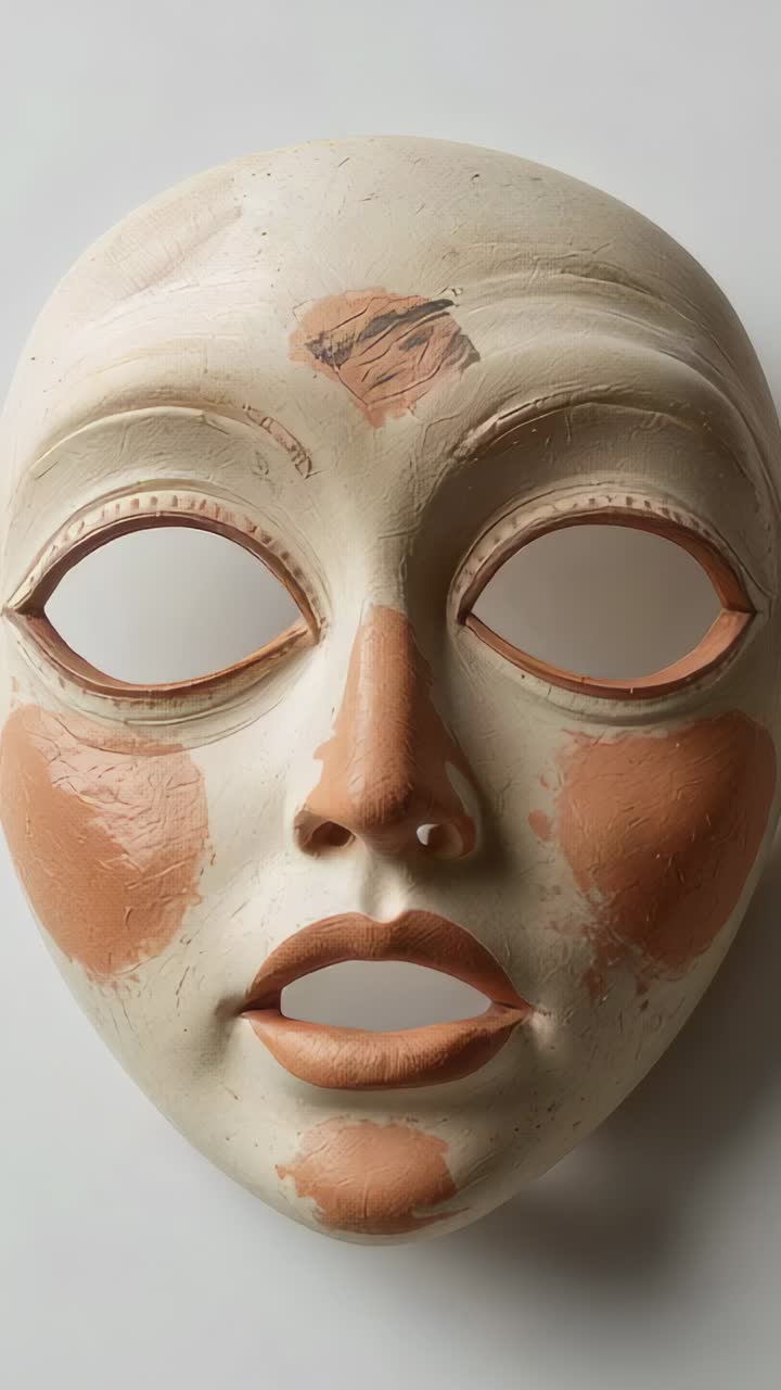 Vídeo vertical: aproximando, câmera dando zoom em máscara de gesso pintada sobre superfície branca, mostrando rachaduras