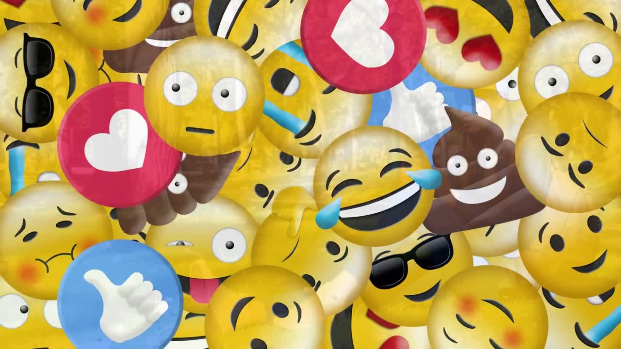 animación de emojis que caen sobre una mujer usando un teléfono inteligente