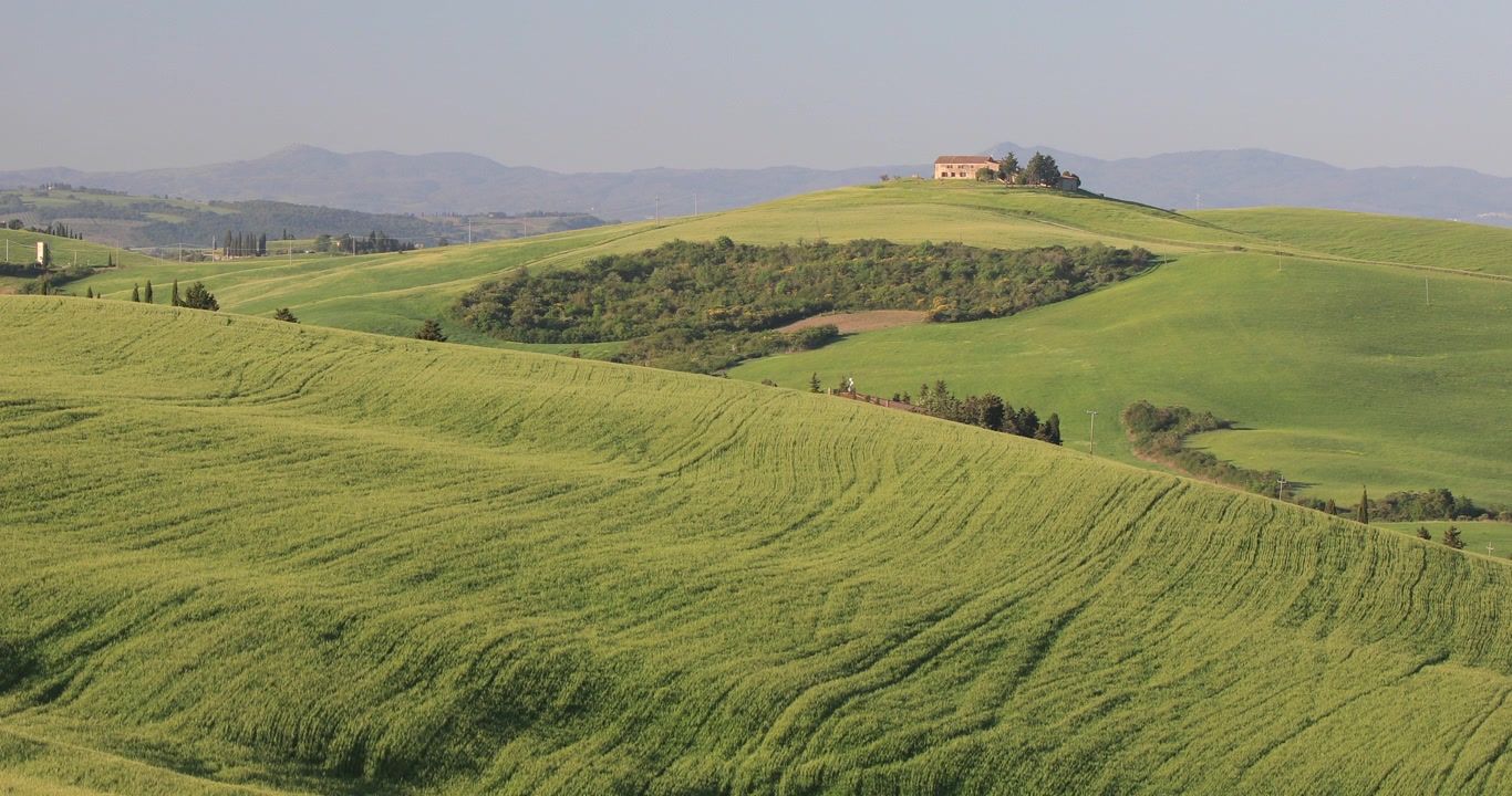 Un casale solitario nella Val d'Orcia in Toscana, Italia. Designata Patrimonio dell'Umanità dall'UNESCO, la Val d'Orcia è un paesaggio dall'estetica distintiva e da pianure gessose piatte