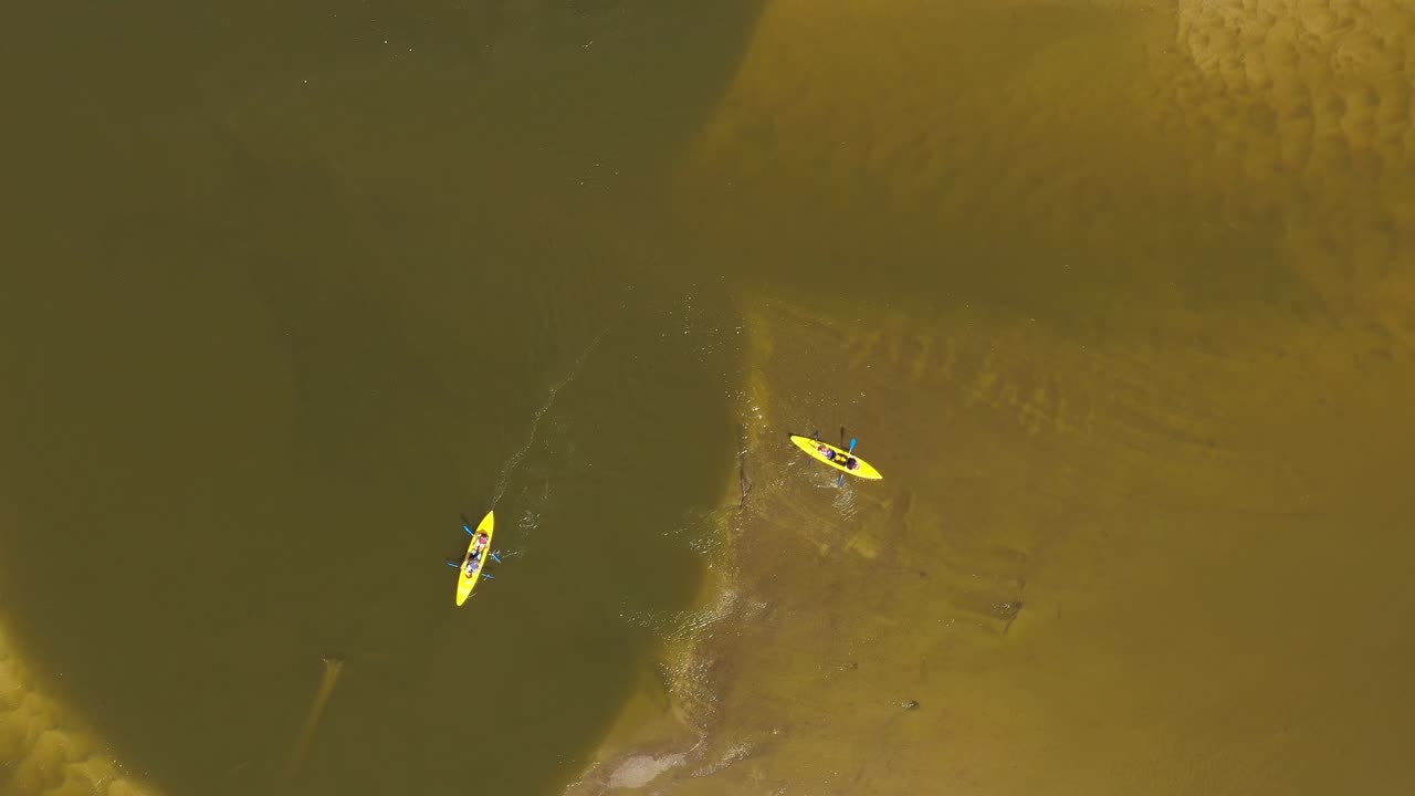 Rafting on the river, Kayaking view from a height, team of explorers floating on a river