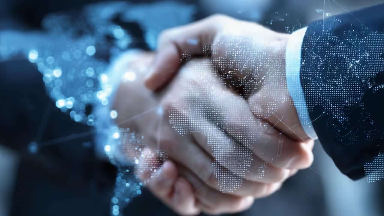 A Symbolic Handshake with a Digital World Map Overlay, Representing Global Partnerships and Collaborative Efforts in Business, Technology, and Innovation
