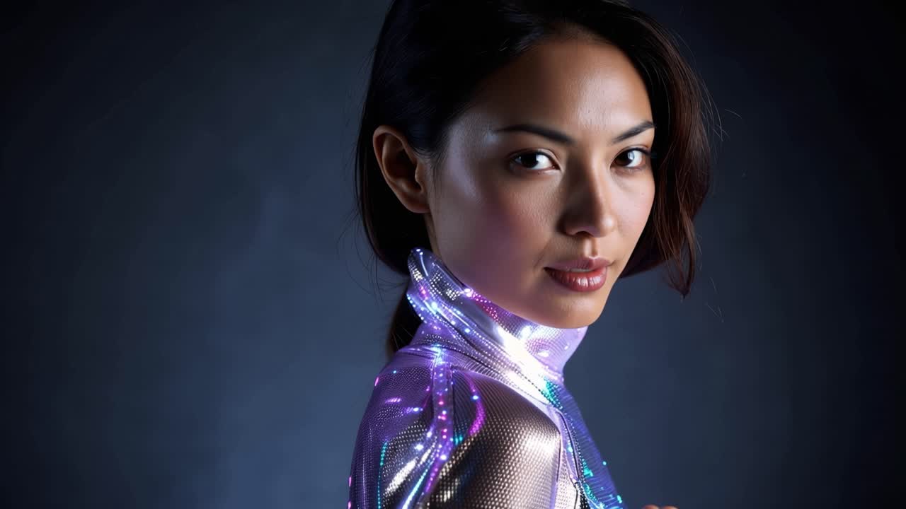 Woman glows with purple light. She stares softly into the camera. Her hands gently touch her collar. Dark background emphasizes the glow. Perfect for futuristic or tech-themed projects