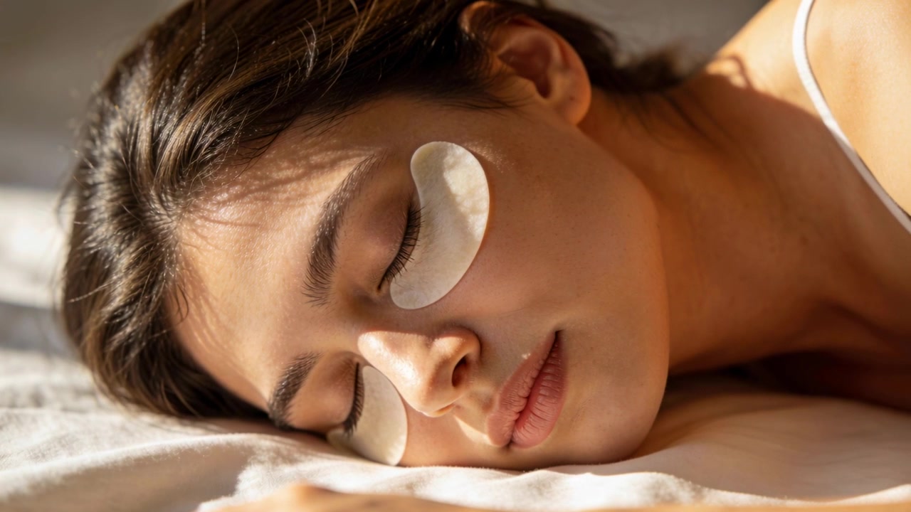 Breathing woman in thin-strap top shifting head on bed pillow to let under-eye patches absorb