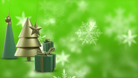 animación de nieve cayendo sobre decoraciones de navidad sobre fondo verde