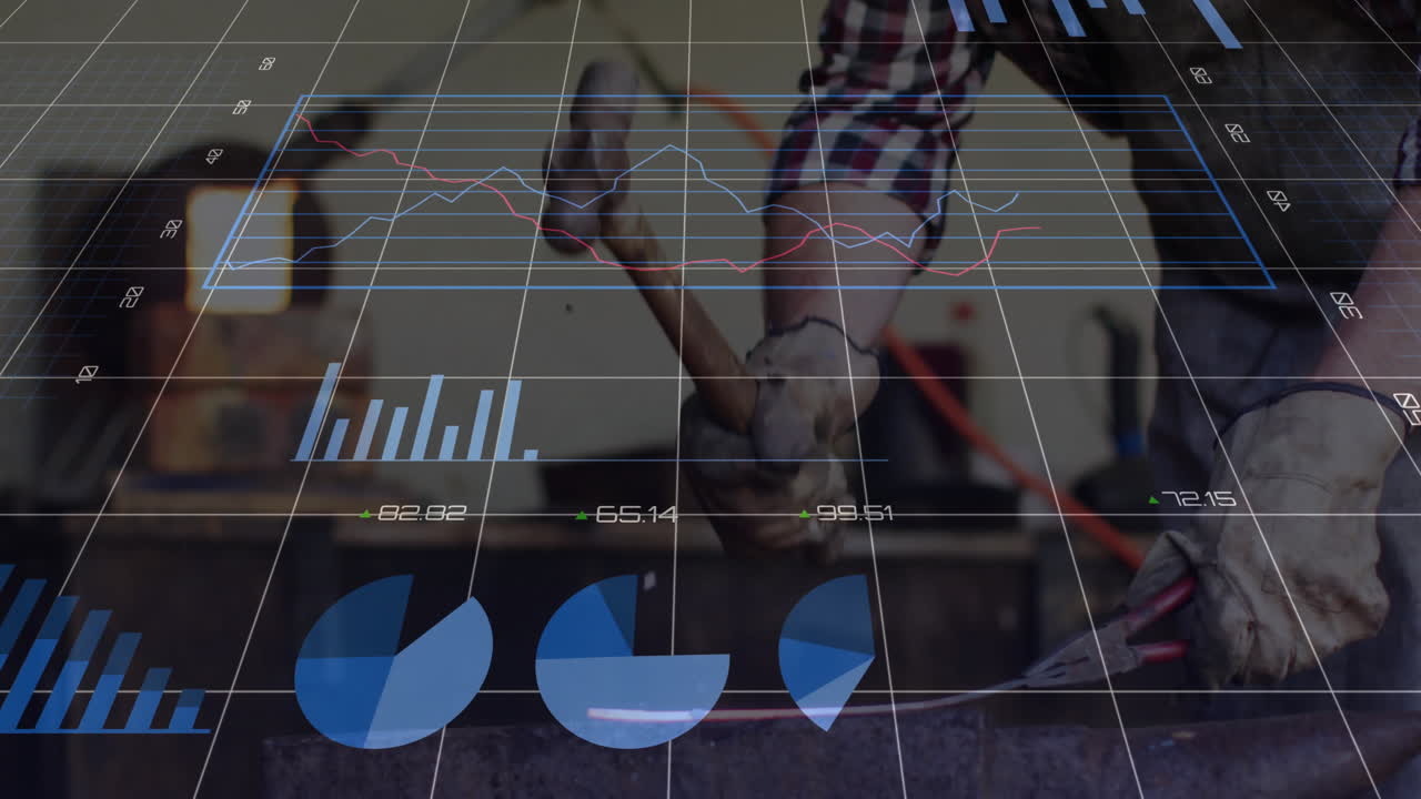 man forging glowing metal on anvil in industrial workshop, displaying digital graphs and charts