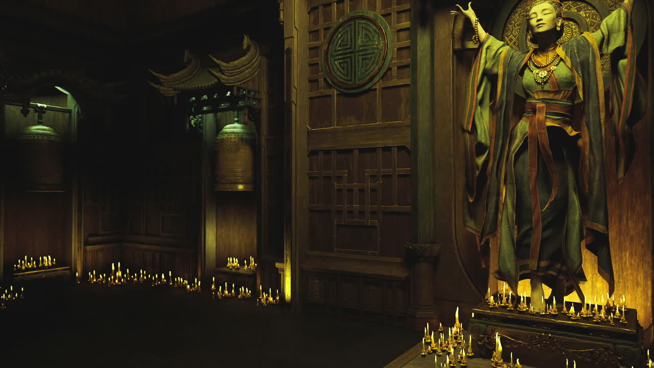 Celebratory ambiance created by candles and offerings in carved hall