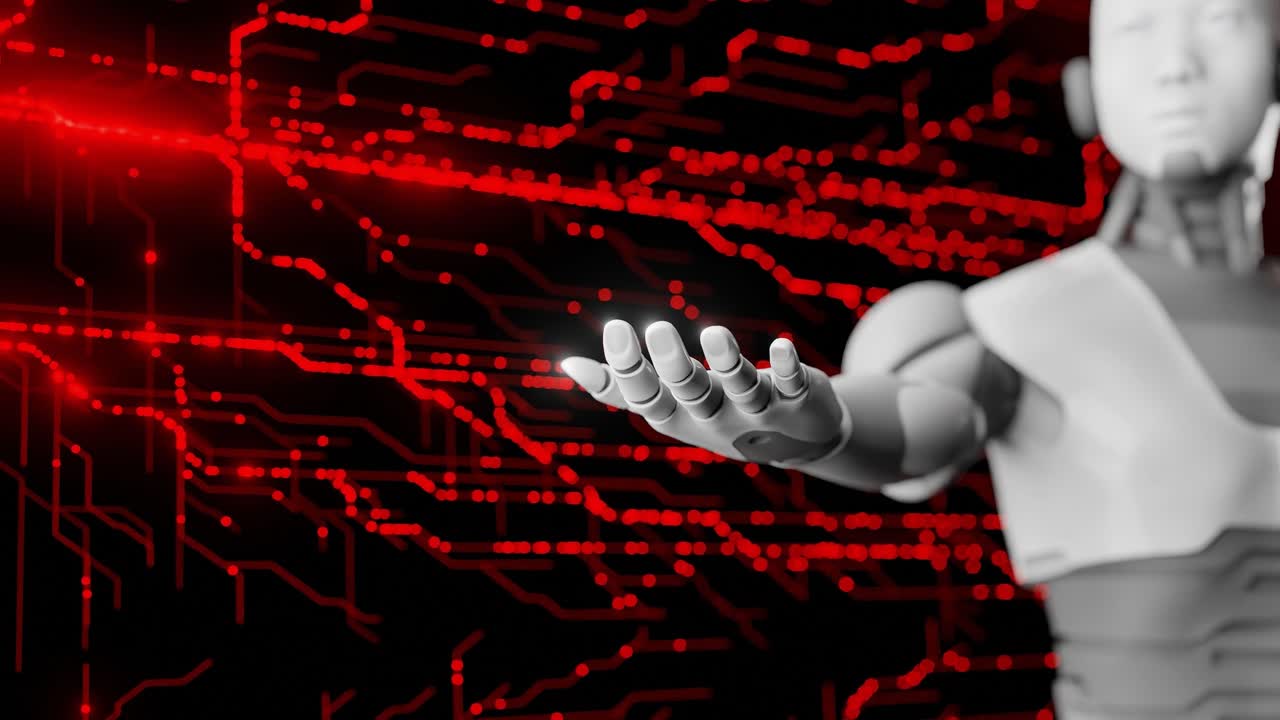 robot humanoide extendiendo la mano con circuitos digitales fondo rojo concepto de tecnología futurista inteligencia artificial y innovación robótica para el diseño