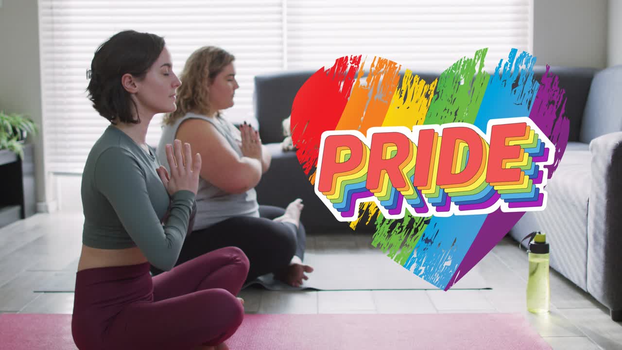 집에서 요가를 연습하는 레즈비언 커플에 대한 무지개 마음과 자부심의 애니메이션