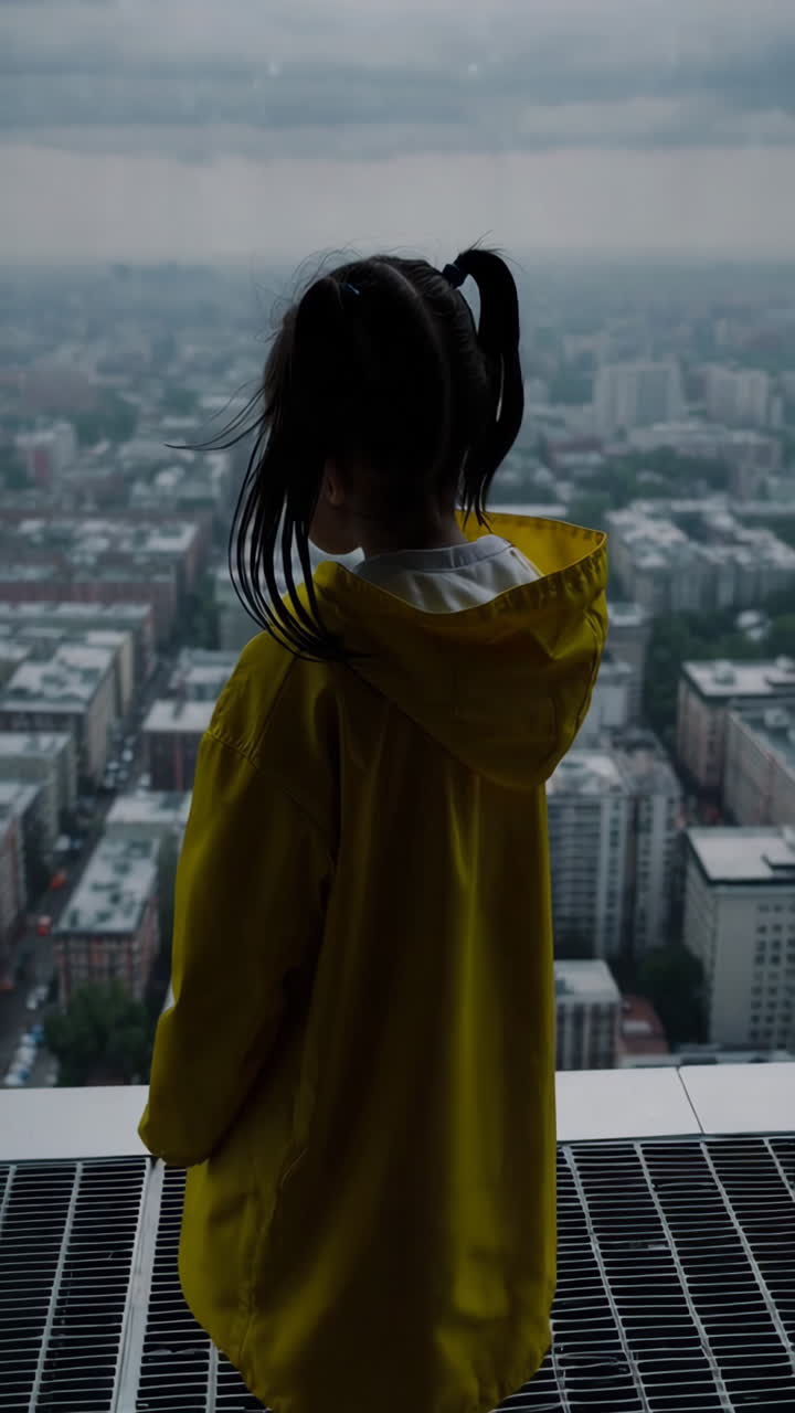 niño con impermeable amarillo mirando la vista de la ciudad