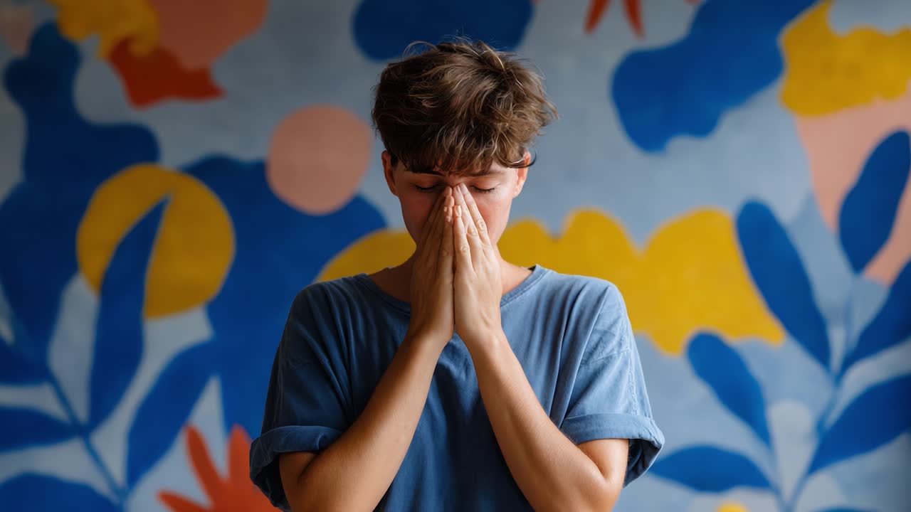 A Young Person Expressing Emotions Against a Colorful Background, Reflecting Distress and Introspection in a Personal Moment of Vulnerability and Contemplation