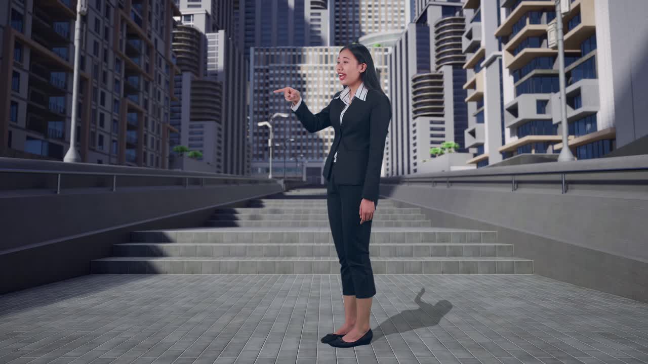 분노 한 아시아 사업가 여성 의 몸 의 전체 측면 뷰 도시 에서 서 있는 동안 비난