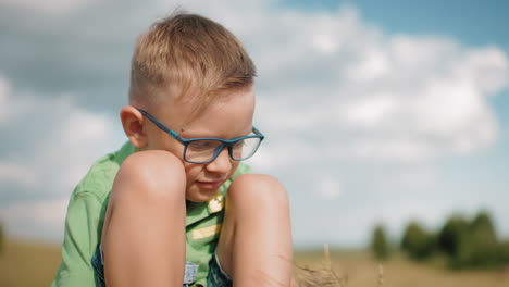 young boy wearing glasses plays with hay in vast farmland under bright blue sky, with blurred trees in background, capturing peaceful rural moment, he sits thoughtfully enjoying warm summer day