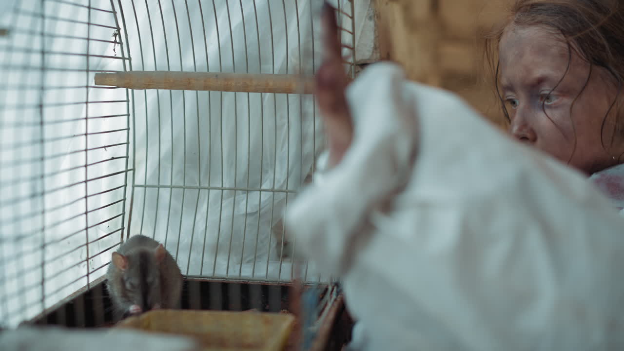 Dirty child with worn clothing closely watches rat inside wired cage, gently placing hand on cage as another hand reaches toward bars, evoking sense of connection
