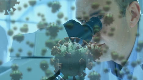 células de covid-19 contra un científico masculino usando un microscopio