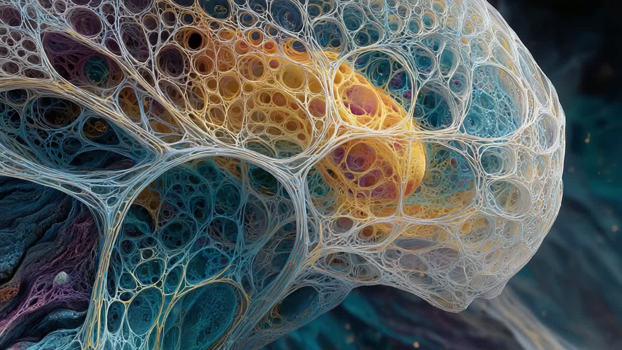Strutture intricate e intrecciate: una straordinaria esplorazione visiva di motivi e texture colorati ed eterei in una complessa rete di forme organiche.