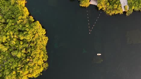aerial view of huts and boats on jungle water body near tulum