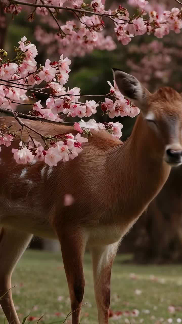 Vertikales Video: Ein junges Rehkitz folgt dem Duft von Blüten und bewegt sich durch einen Park, rosa Blüten beschnuppernd