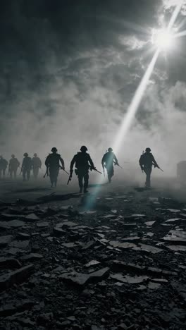 silhouetted military personnel advancing determinedly through smoke filled battlefield, navigating debris under dramatic light rays, representing intense combat environment