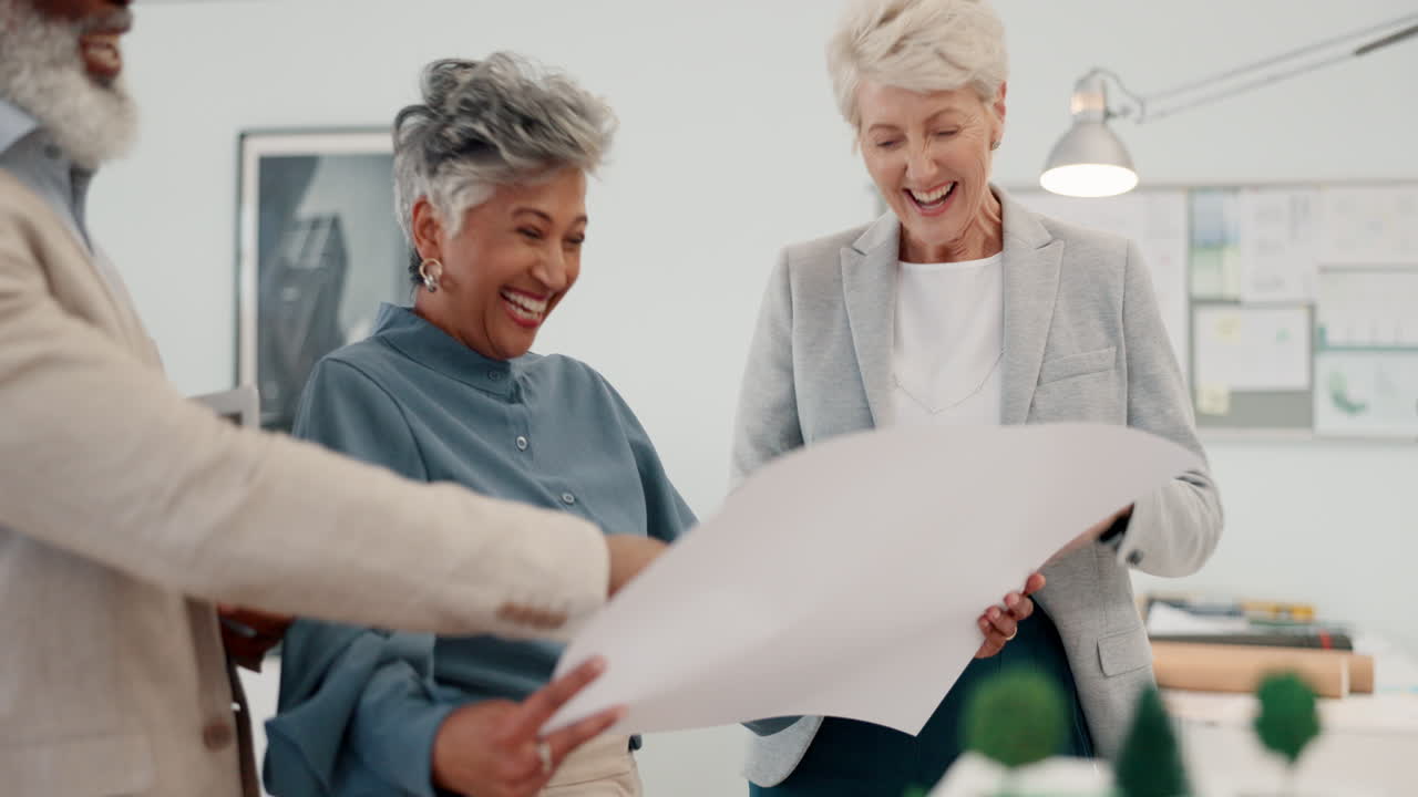 Architecture blueprint, laughing business people