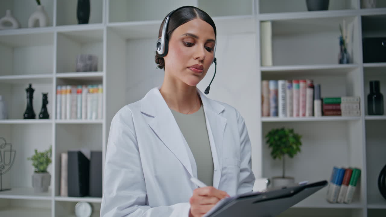 Focused physician talking headset providing medical support at clinic closeup