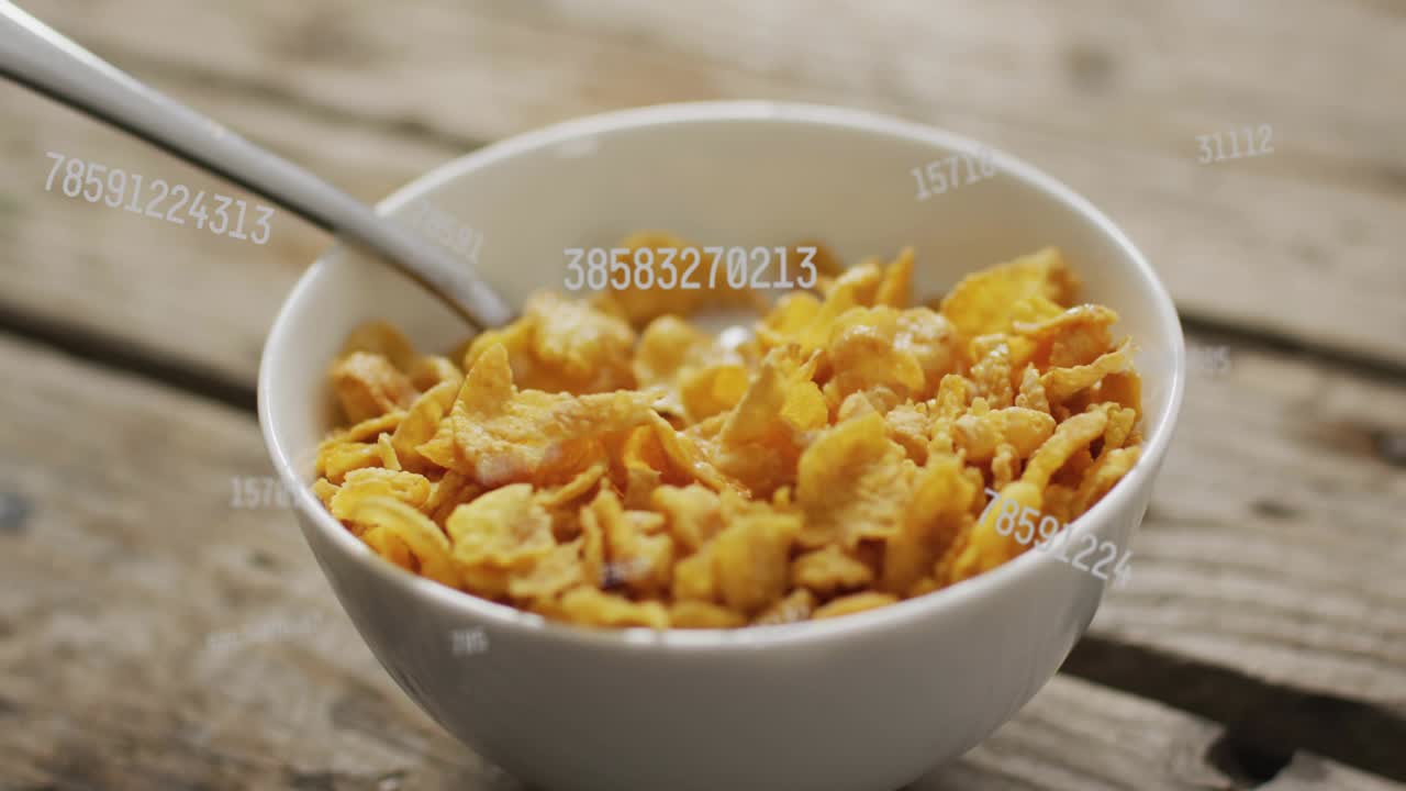Spoon entering frame from left and stirring then scooping soggy flakes in white bowl, milk dripping
