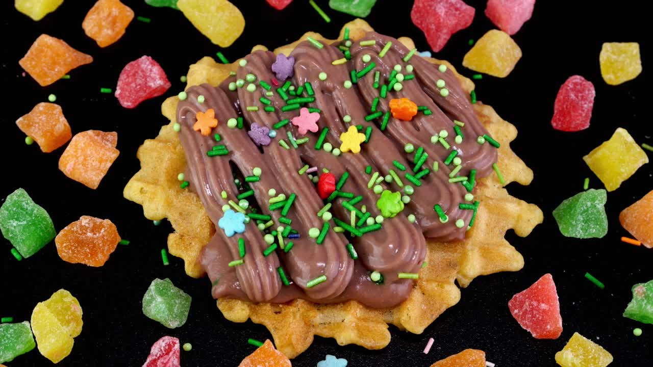 초콜릿 크림으로 장식 된 liege 와플과 사탕과 캔디 된 과일을 뿌려 회전합니다.