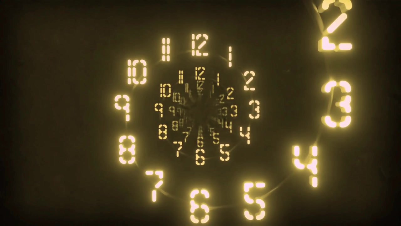 Abstract Glowing Clock Numbers Rotating in a Spiral Tunnel