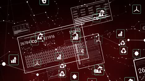 animation of digital icons and interface with data processing against network of connections