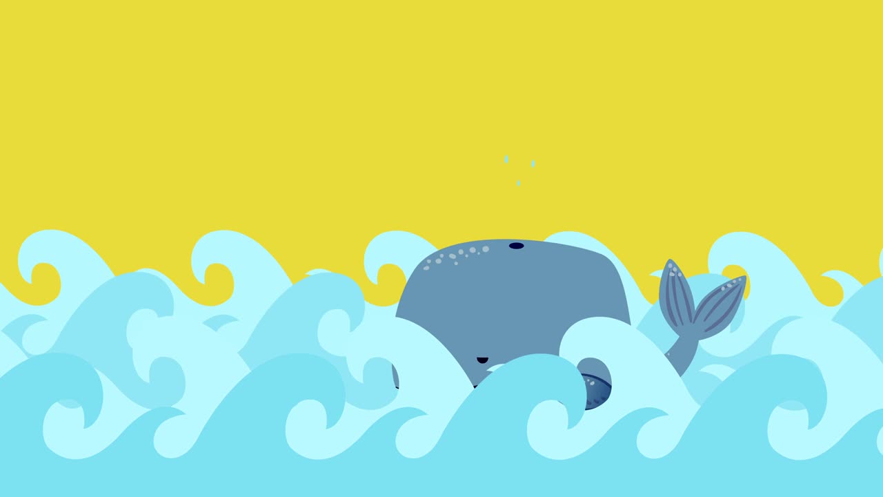 만화 고래가 여름 하늘에서 바다에서 헤엄치고 있다