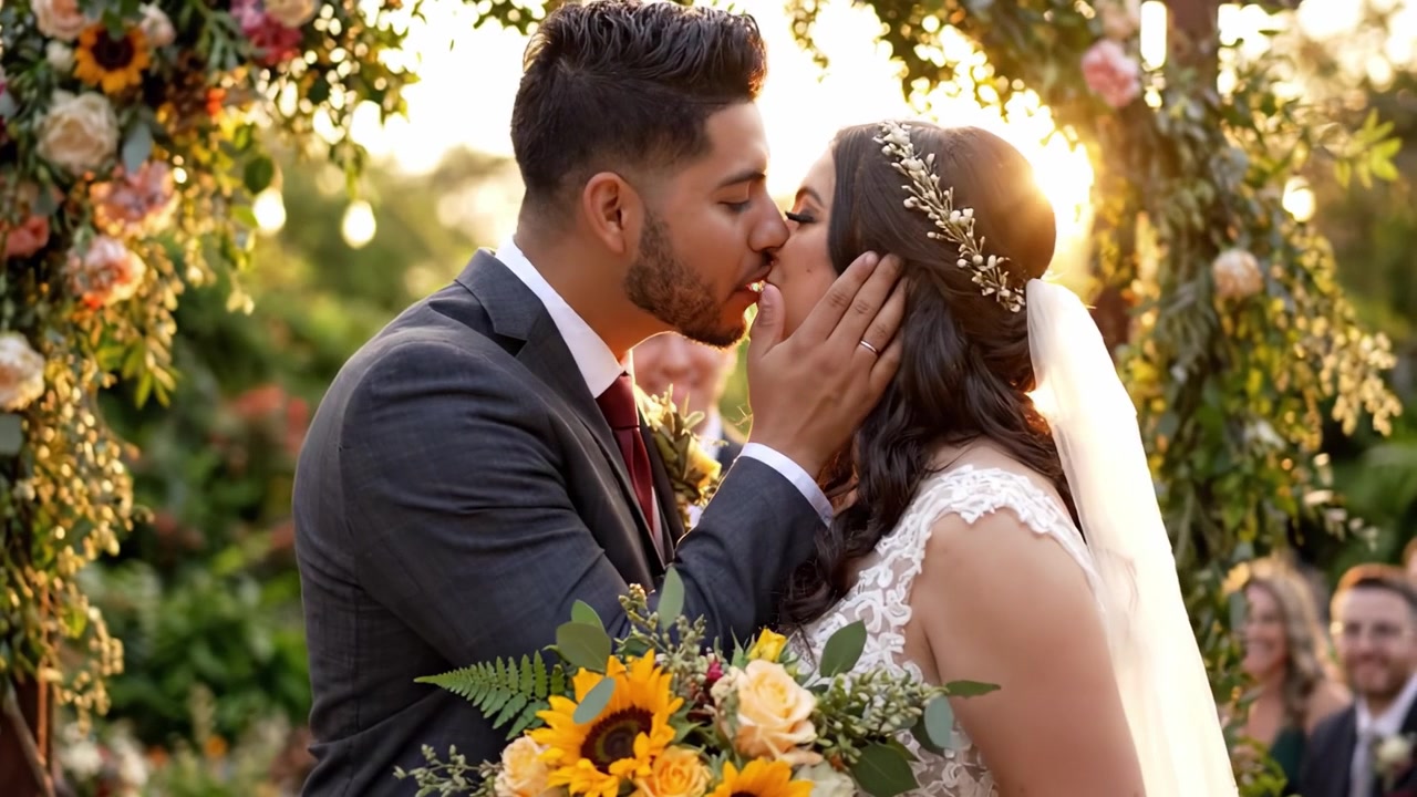 Una Romántica Ceremonia de Boda al Aire Libre al Atardecer con una Pareja Intercambiando Votos Rodeada de Amigos y Coloridas Decoraciones Florales
