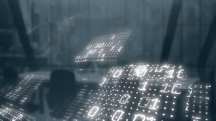 Animation of binary coding and data processing over office background