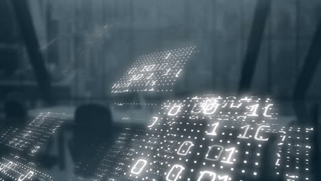 animation of binary coding and data processing over office background