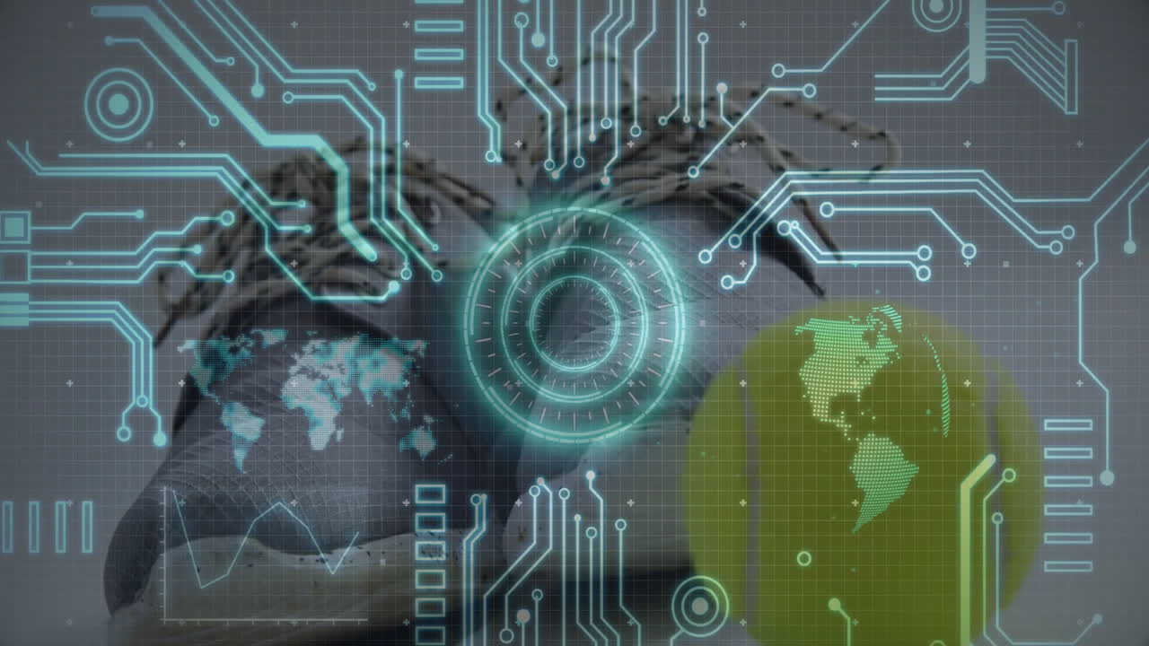Biometric security eye scanning projecting holographic circuit traces with world map overlays