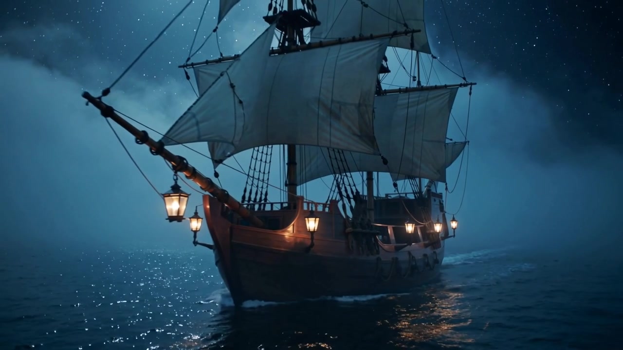 Barco con velas cuadradas y bauprés emergiendo de un banco de niebla, navegando sobre aguas tranquilas, con las lámparas encendidas