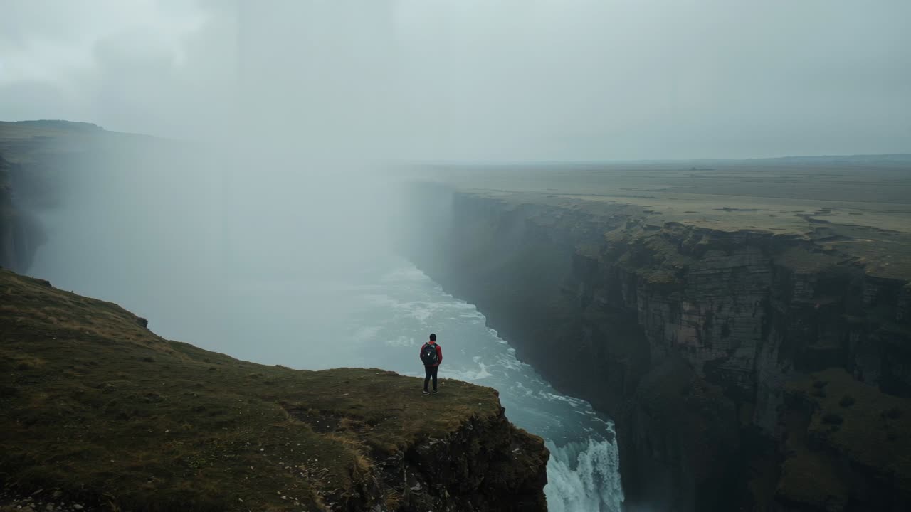 Excursionista de pie con mochila roja, frente a una cascada en un acantilado, observando el rocío ascendente y admirando el cañón.