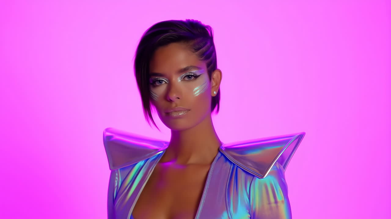 Black Model Poses In Iridescent Jacket Against Neon Pink Backdrop, Short Undercut, Metallic Eye Makeup,