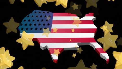 Animation-Von-Sternen,-Die-über-Die-Karte-Fallen,-Mit-Flaggenmuster-Der-Vereinigten-Staaten-Von-Amerika