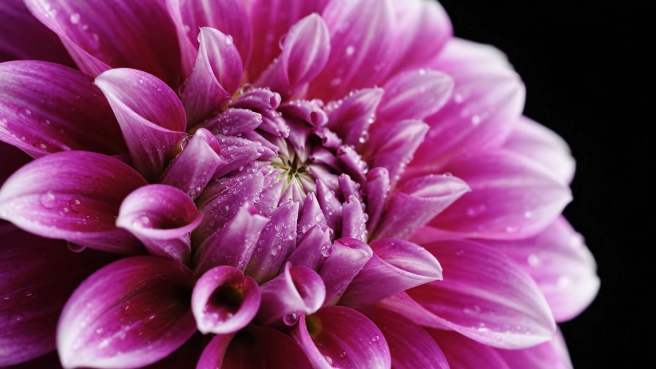 Una vista ravvicinata di un bellissimo fiore rosa con gocce di rugiada, che mostra i petali intricati e le texture lussureggianti su uno sfondo scuro suggestivo.