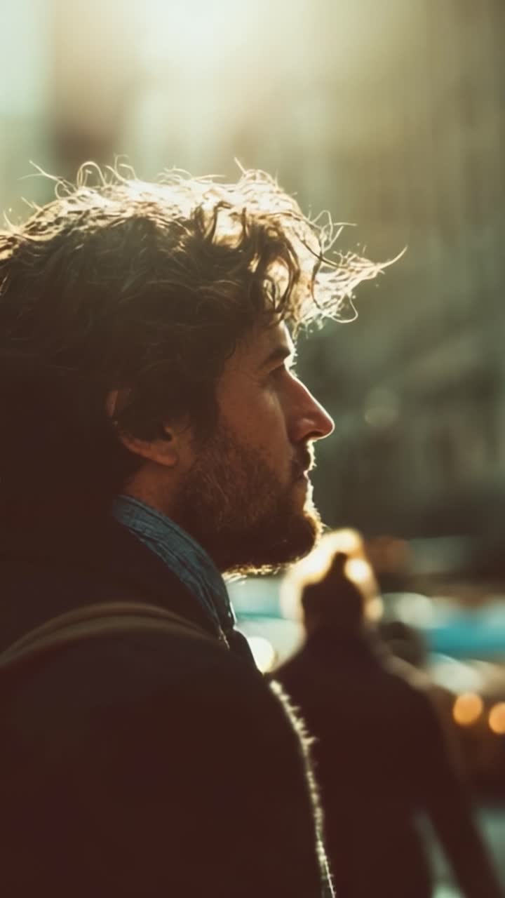 Ritratto spontaneo di un uomo pensieroso su una trafficata strada cittadina, immerso in una luce calda e circondato dalla vita urbana, che riflette sui pensieri interiori tra movimento ed energia.