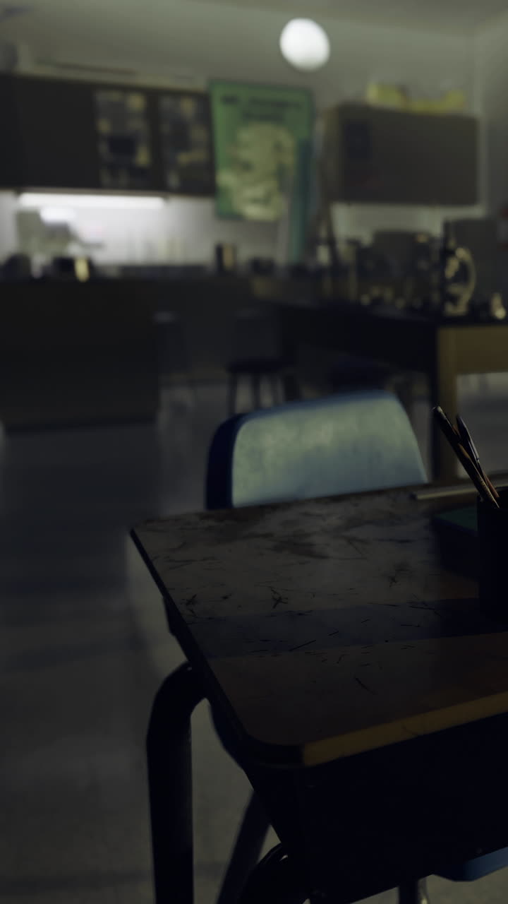 Empty classroom with a wooden desk and chair under dim lighting